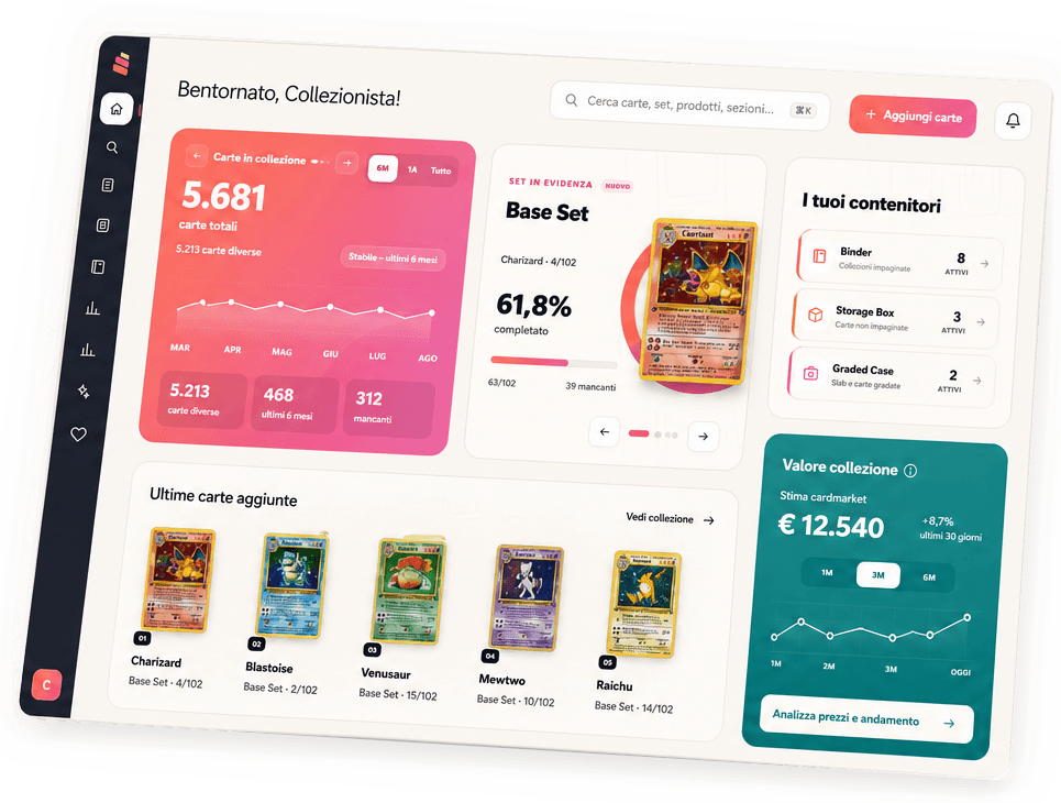 Dashboard Collector Core inclinata con carte in collezione, set Base Set, contenitori e valore di mercato