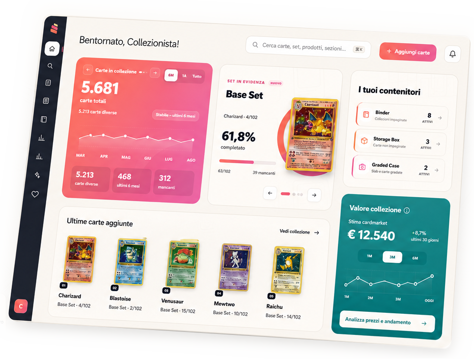 Dashboard Collector Core inclinata con carte in collezione, set Base Set, contenitori e valore di mercato