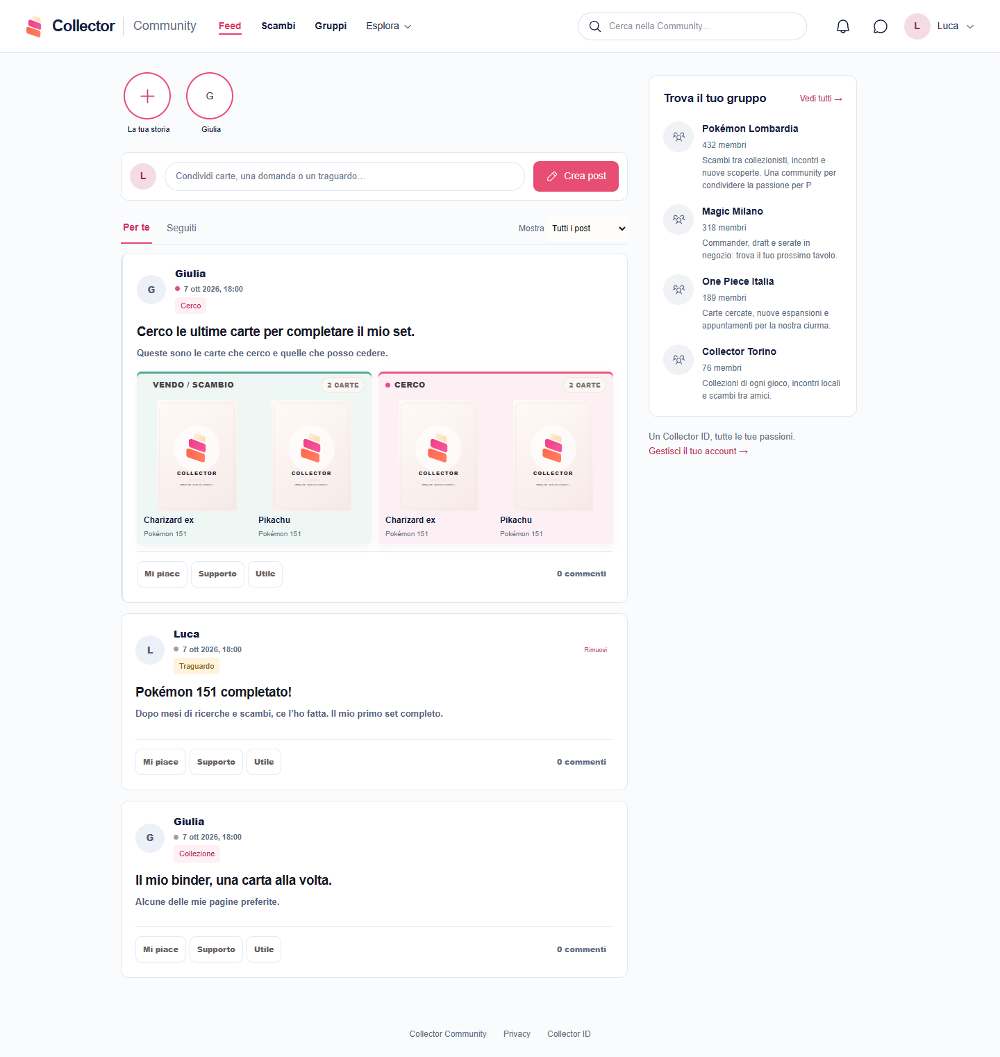 Home di Collector Community con storie, feed, scambi di carte e gruppi